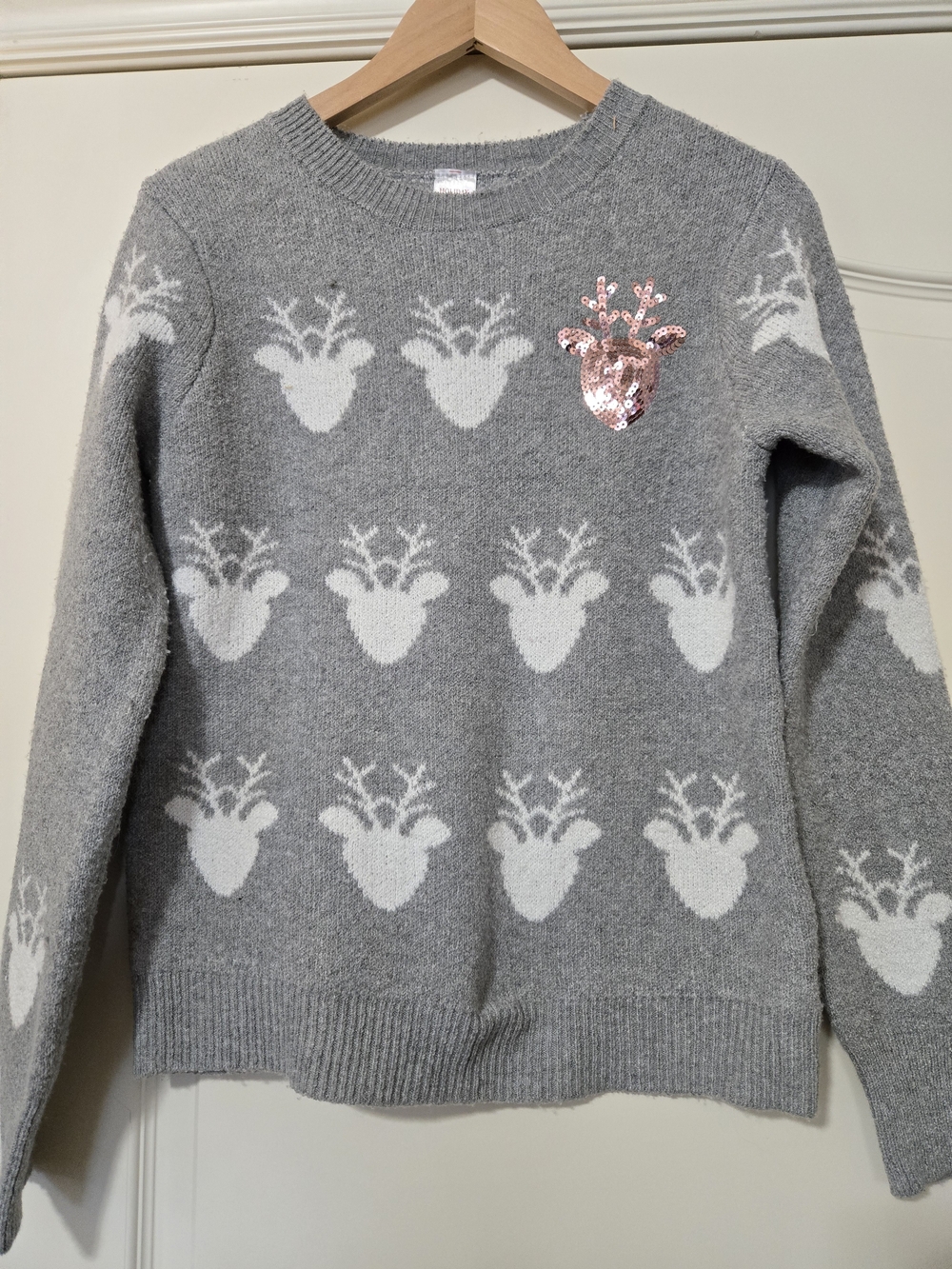 Holiday Time Gray Crewneck Sweater with White Reindeer and Rose Gold Sequin